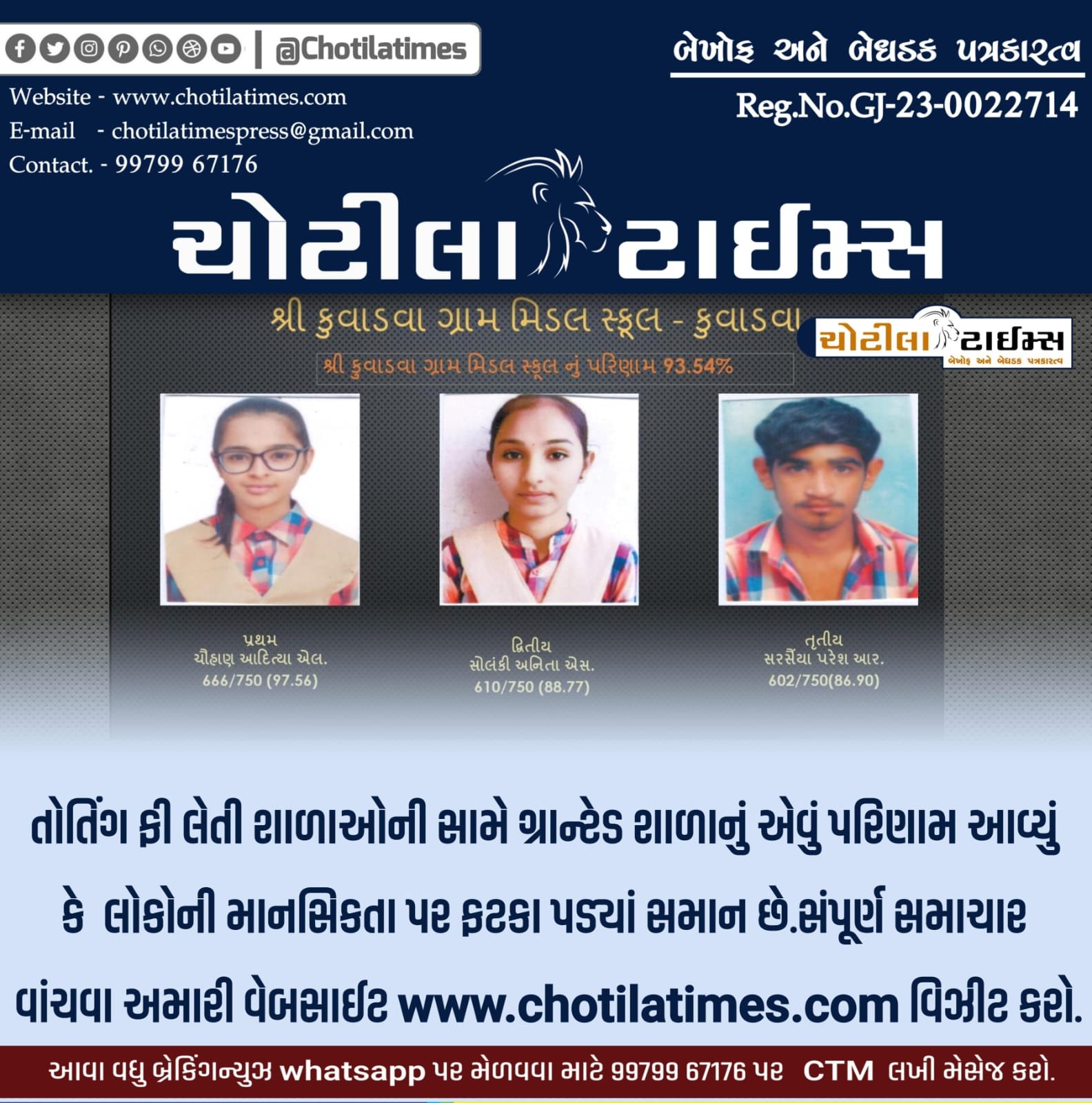 GSEB HSC Result 2024 OUT kuvadva gram middle school news by chotila times reports kuvadava gram middle schoole 12th resilt out